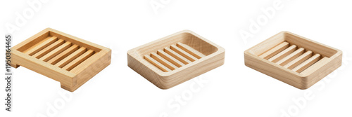 Wooden Soap Dish Set, Natural Bamboo Timber Bar Soap Holder Collection, Rustic Bathroom Spa Accessory Tray, Sustainable Wood Drainage Saver Elements Isolated on White Background 3D