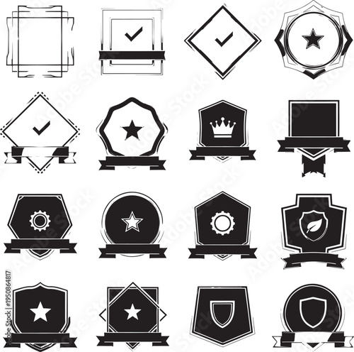 Versatile Collection of Black and White Grunge Style Blank Badges, Frames, and Ribbons with Checkmarks and Stars for Certificates, Awards, and Quality Assurance Designs