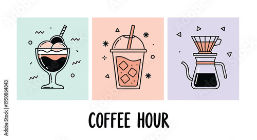 Set of 3 coffee icons vector, colorful illustrations