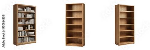 Wooden Bookshelf Collection, Timber Bookcase Furniture Set, Tall Natural Wood Library Shelving Unit, Classic Home Office Storage Organizer Isolated on White Background 3D Rendering