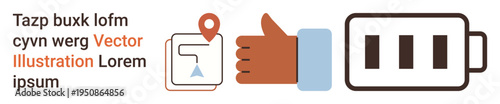 Navigation, approval, energy, technology, digital interface, location services. Map pointer on screen, thumbs up symbol and battery icon. Navigation and approval concepts for tech visuals