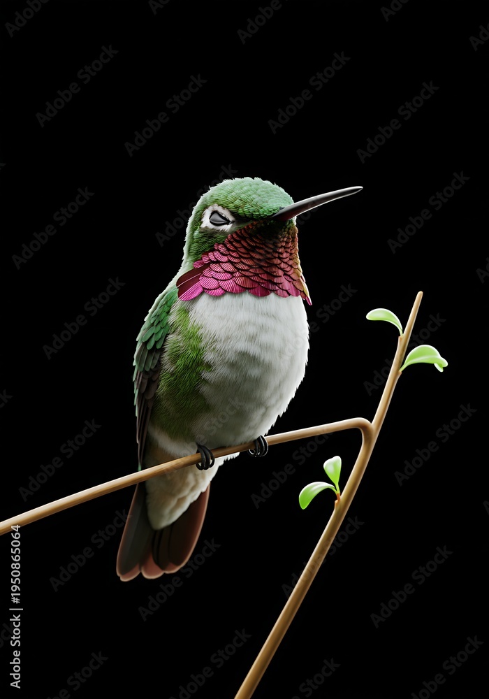 Naklejka premium Hummingbird perched on a branch with green leaves against black background animal background animal poster background for poster