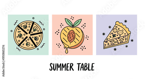 Set of 3 summer food icons vector, pizza, honeydew, pie