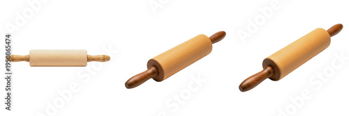 Wooden Rolling Pin Set, Classic Timber Kitchen Utensils for Baking, Natural Wood Dough Roller Collection, Traditional Culinary Bakery Tools Isolated on White Background 3D Rendering