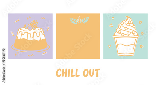 Set of 3 dessert icons vector, sweet treats illustrations