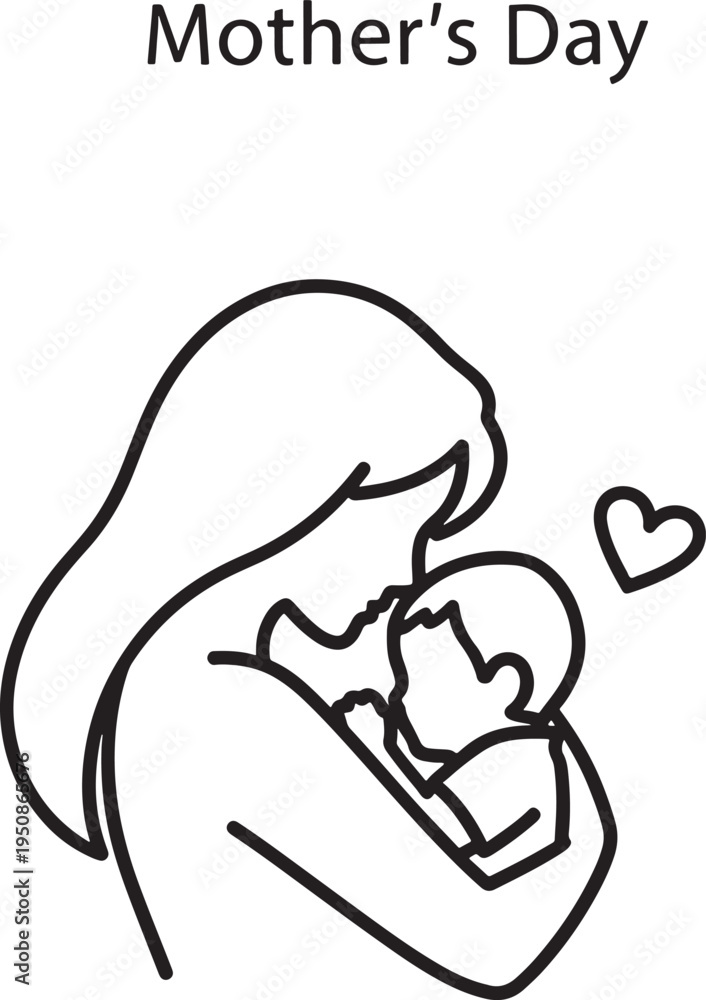 Obraz premium Simple black line art web icon of a loving mother gently embracing her baby, symbolizing maternal affection and family bond for Mother's Day.