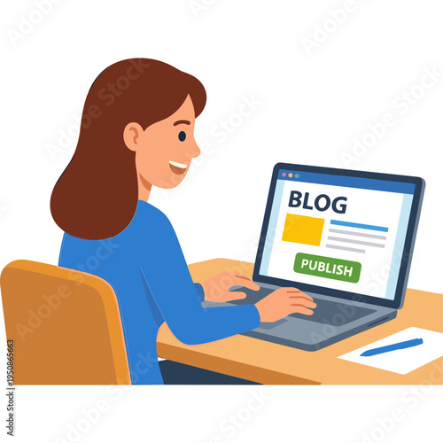 Woman sitting at desk typing on laptop with blog on screen