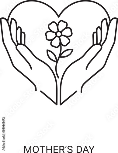 Minimalist line art illustration of hands forming a heart shape, cradling a delicate flower, symbolizing love and care for Mother's Day.