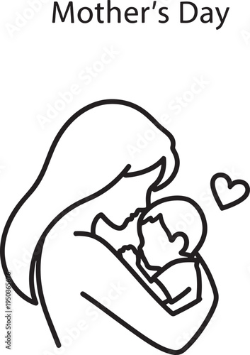 Simple black line art web icon of a loving mother gently embracing her baby, symbolizing maternal affection and family bond for Mother's Day.