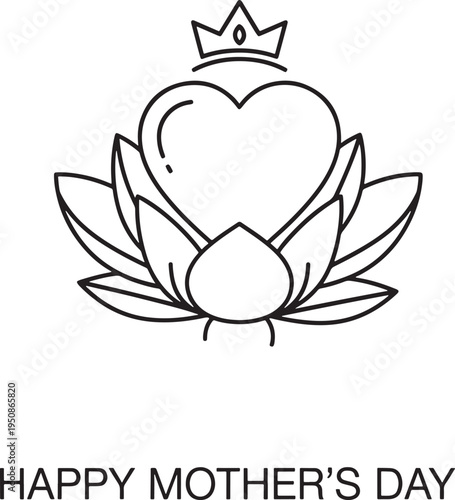 Elegant line art illustration featuring a crowned heart atop a lotus flower, signifying a beloved and regal mother for a Happy Mother's Day celebration.