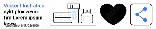 Healthcare, medicine, social media, connectivity, patient care, wellness. Medicine bottles and pills sit next to a black heart symbol and blue share icon. Healthcare and connectivity ideas