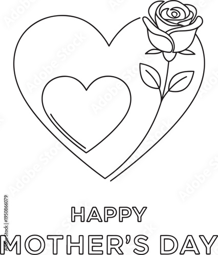Beautiful line art illustration featuring a nested heart design with a graceful rose, embodying deep maternal love and beauty for Happy Mother's Day.