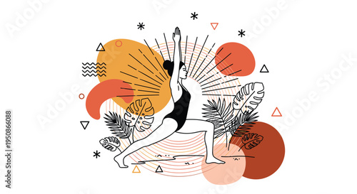 Vector illustration of a woman practicing yoga with abstract shapes and plants