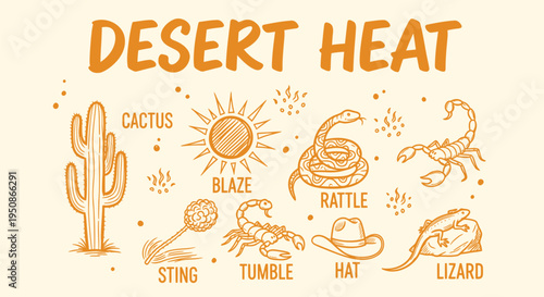 Set of 9 desert icons vector, orange illustrations