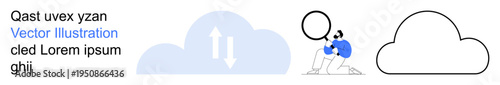Cloud storage, data analysis, information transfer, technology concepts, network infrastructure, IT services. Cloud with arrows, person analyzing elements minimal cloud icon. Cloud storage and data