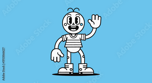 Retro Vintage Rubber Hose Style Cartoon Boy Waving