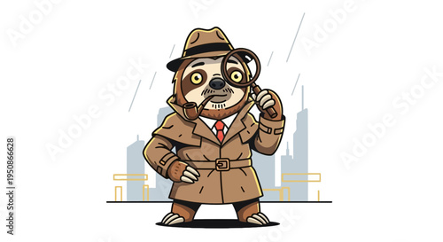 Funny Sloth Detective in Trench Coat with Magnifying Glass