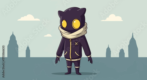 Mysterious Dark Shadow Character with Scarf and Glowing Eyes