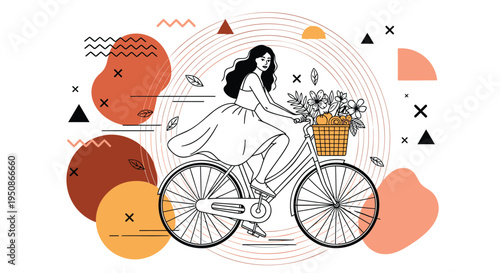 Vector illustration of woman riding bicycle with flowers, abstract shapes