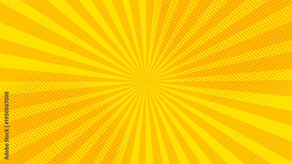 Obraz premium Cute cartoon comic abstract background of yellow gradient sun rays with halftone dot element