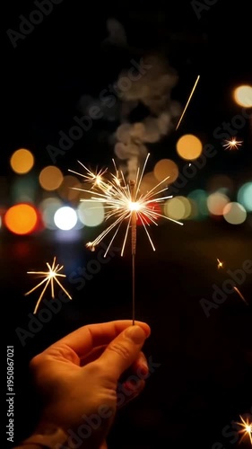 夜景をぼかした背景に花火がきらめく上部余白ありで見出し配置しやすい縦動画素材