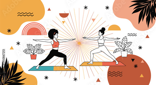 Vector illustration of two women practicing yoga in modern style