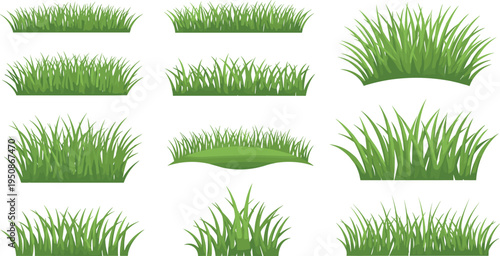 Green Grass Tufts and Lawn Patch Vector Set with Natural Meadow Plants, Garden Turf Elements and Decorative Botanical Grass Isolated Collection