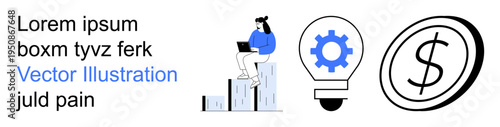 Business development, innovation strategy, financial planning, data analysis, creativity, cost management. Woman on bars with laptop, lightbulb with gear dollar sign. Business development
