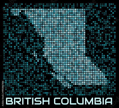 British Columbia, Canada digital dotted map. Shape of the province in cyan color palette on dark background. Futuristic British Columbia, Canada map design. Vector illustration.