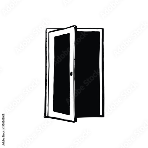 Black and white retro vintage illustration of open door hand drawn style art vector