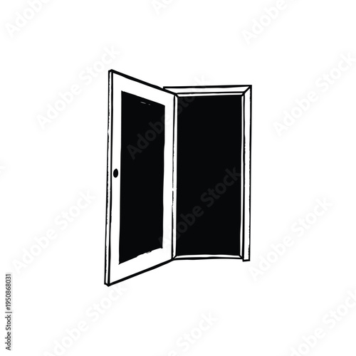 Black and white retro vintage illustration of open door hand drawn style art vector