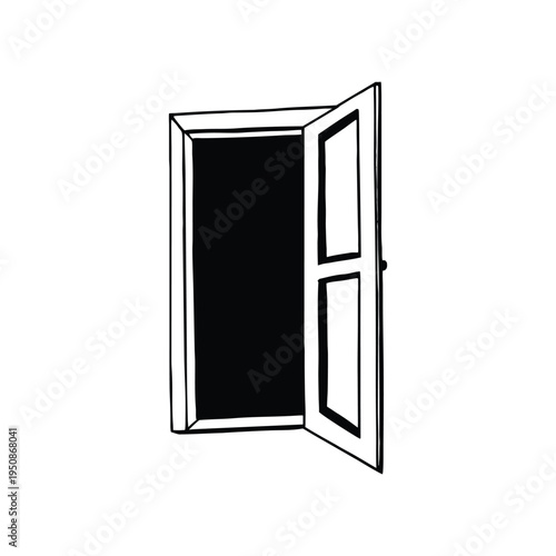 Black and white retro vintage illustration of open door hand drawn style art vector