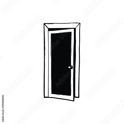 Black and white retro vintage illustration of open door hand drawn style art vector