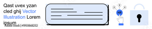 HR management, employee data, human resources, online security, data protection, technology solutions. Graphic an HR button, text block and secured lock symbol. HR management and data protection