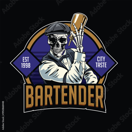 Detailed retro mascot of a skeleton bartender in a vest and hat holding a bottle for city taste bar