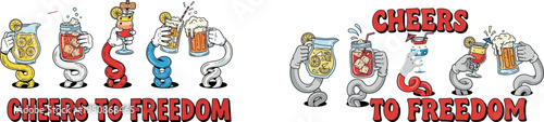 A colorful cartoon illustration of beer glasses and mugs celebrating freedom with cheerful characters.