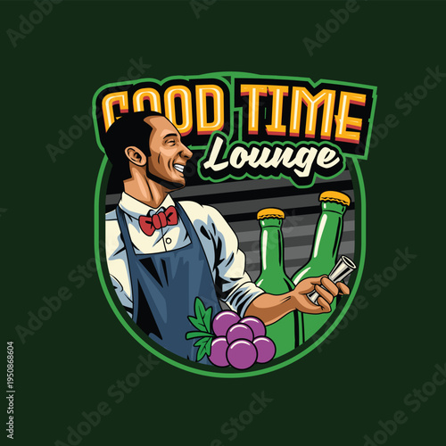 Vintage detailed illustration of a smiling bartender presenting green bottles and grapes for Good Time Lounge