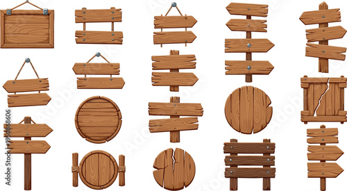 Rustic wooden signboards collection with hanging boards arrow direction signs round plaques and blank wood planks vector set