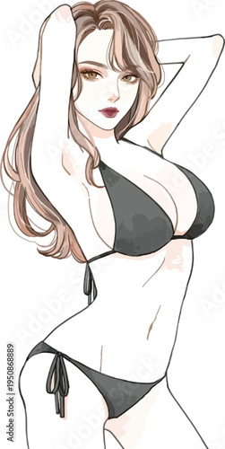 水着姿でポーズをとる美しい女性のイラスト 水彩画風 白背景 (Beautiful woman in bikini posing, watercolor style illustration, white background)