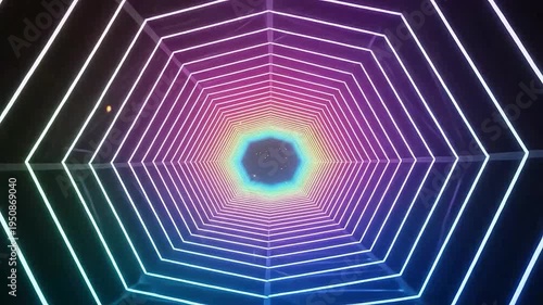 Abstract colorful geometric tunnel with glowing neon lines