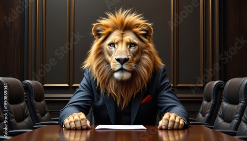 Majestic lion sitting at boardroom table business meeting animal portrait luxurious office close-up power and leadership
