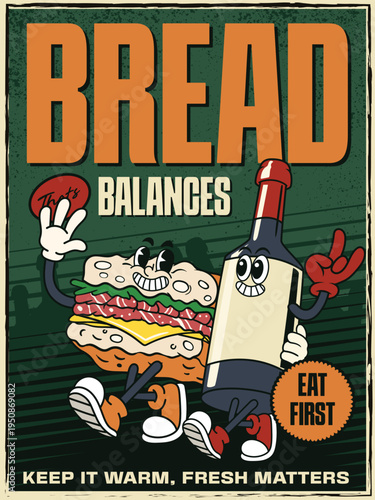 Retro detailed mascot poster featuring a burger and wine bottle character for "Bread Balances" food and drink pairing