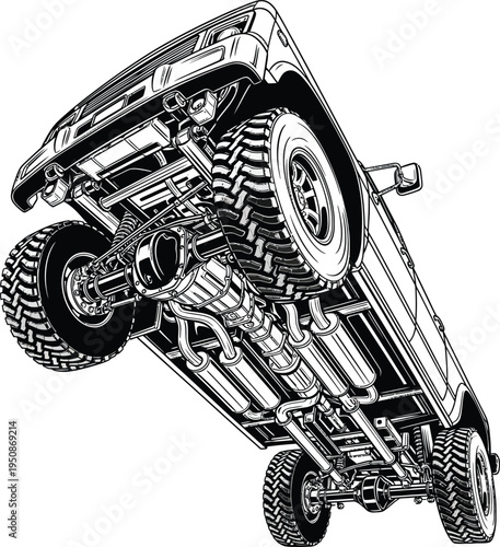 Detailed Underside View of a Modified Pickup Truck.