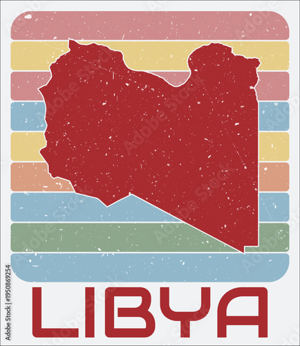Libya vintage logo. Shape of the country on retro colored stripes background. Libya map design with grunge scratch texture. Vector illustration.