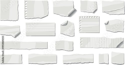 Torn paper pieces collection with ripped notebook sheets curled corners and blank scrap paper texture vector set