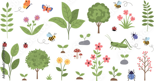 Garden Nature Elements Vector Set with Plants Trees Flowers Insects Butterflies Bees and Grasshopper Cute Botanical Spring Collection Illustration