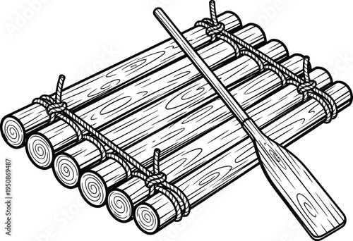 Hand Drawn Illustration of a Wooden Raft with Paddle.