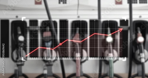 Fuel pump nozzle cabinet at petrol station, overlaid with rising data graph illustrating increasing fuel prices and crude oil market trends. Represents global surge in petrol and energy prices.