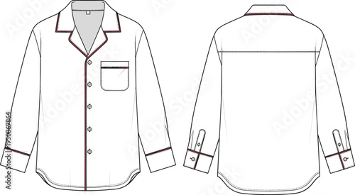 Classic men long sleeve button down shirt front and back technical fashion flat sketch apparel template clothing design isolated background