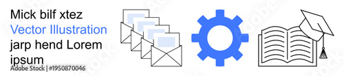 Business communication, workflow automation, education, email marketing, academic processes, knowledge sharing. Envelopes, gear and graduation cap with an open book. Email marketing and workflow